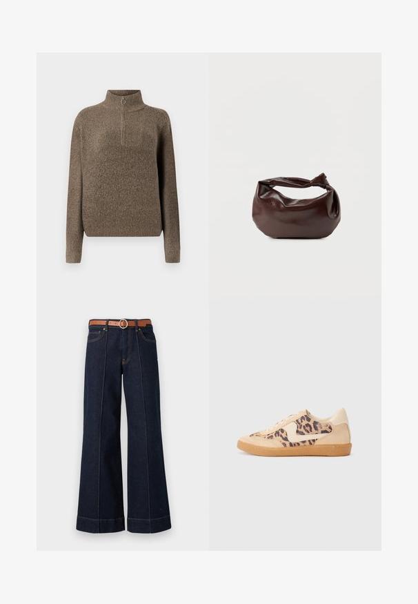 Pull en tricot côtelé marron avec un col haut et une fermeture éclair à l'avant dotée d'un tirette circulaire. Manches longues et coupe décontractée.; Jean large en denim bleu foncé avec taille haute, ceinture marron et détails de couture visibles. Comprend des poches avant et une coupe décontractée.; Baskets en imprimé léopard avec tige en suède beige, semelle en caoutchouc tan et accents blancs. Bout rond et design à lacets avec une finition texturée.; Sac bandoulière en cuir marron foncé avec une forme souple et décontractée et une anse nouée torsadée sur un fond blanc uni.