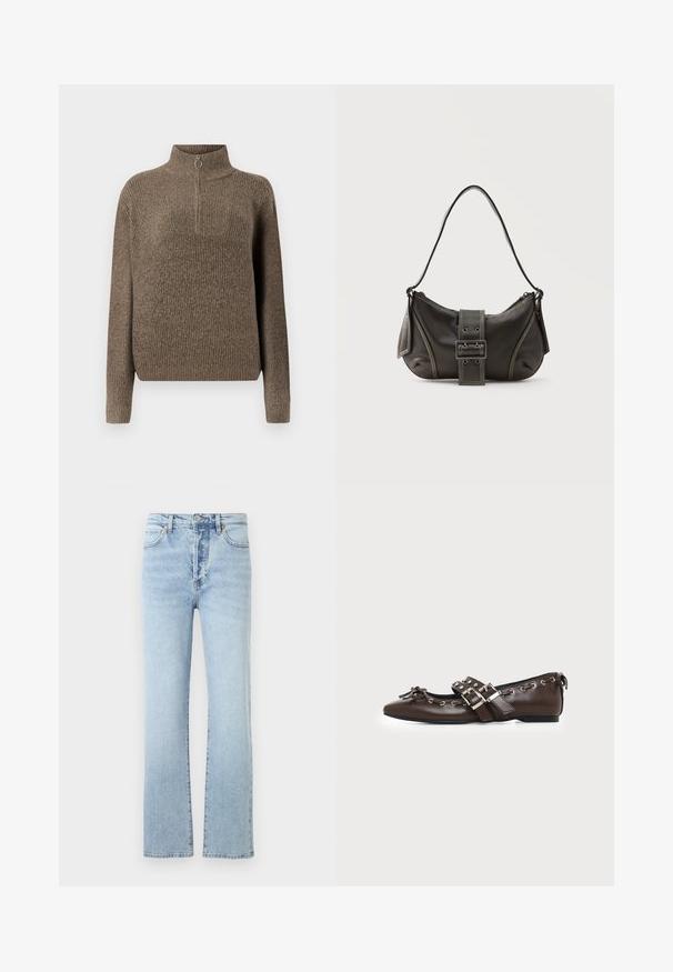 Brun ribbet striktrøje med høj hals og en lynlås foran med et rundt træk. Lange ærmer og en afslappet pasform.; Lys blå denim jeans med lige ben-design, featuring høj talje, klassisk fem-pockets stil, og subtil falmning.; Mørkebrune lædersko med flad sål og spids snude, dobbelt sølvsnørrebånd, metaløjer og dekorativ sløjfe foran.; Sort læder skuldertaske med spænde på remmen, afrundede kanter og kontrasterende hvide syninger på en ensfarvet baggrund.