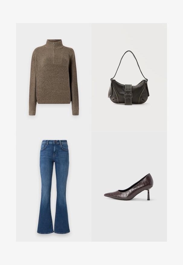 Pull en tricot côtelé marron avec un col haut et une fermeture éclair à l'avant dotée d'un tirette circulaire. Manches longues et coupe décontractée.; Jean en denim bleu taille haute avec poches avant, passants de ceinture, fermeture par bouton et jambes larges évasées sur un fond uni clair.; Escarpins à bout pointu en similicuir marron avec une texture crocodile, dotés d’un talon fin et angulaire ainsi que d’une doublure intérieure lisse.; Sac à épaule en cuir noir avec une sangle à boucle, des bords arrondis et des coutures blanches contrastées sur un fond uni.