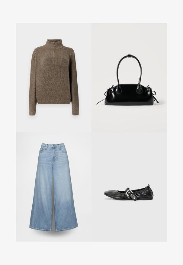 Brun ribbet striktrøje med høj hals og en lynlås foran med et rundt træk. Lange ærmer og en afslappet pasform.; Lyseblå vidde jeans lavet af denim med høj talje, forlommer og knaplukning. Stoffet har en falmet vask.; Sorte læder flade sko med spids tå, samling detaljer omkring åbningen, og en sølv spænde accent på den justerbare rem.; Lille sort blank håndtaske med to lange håndtag og snøre-detaljer i siden på en ensfarvet lys baggrund.