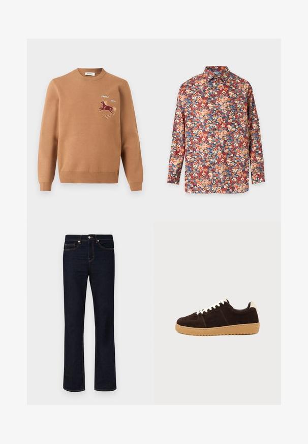 Pull à manches longues marron clair avec col rond et motif brodé d'un cheval au galop, des tourbillons bleus et un petit motif floral sur la poitrine.; Chemise à manches longues boutonnée avec un motif floral dense dans des tons rouges, orange, bleu et crème sur un fond neutre.; Jean en denim droit bleu marine avec des coutures orange, bouton avant, fermeture éclair et design à cinq poches sur fond blanc.; Baskets en daim marron foncé avec lacets blancs, languette beige au talon et semelle en caoutchouc marron clair vues de côté sur un fond uni.