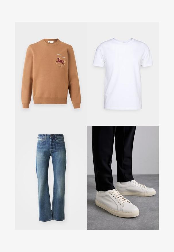 Pull à manches longues marron clair avec col rond et motif brodé d'un cheval au galop, des tourbillons bleus et un petit motif floral sur la poitrine.; T-shirt blanc à manches courtes en tissu de coton avec un col rond. Design simple sans motifs ni accents. Texture lisse.; Jeans en denim de couleur bleu clair à moyen, coupe droite, design classique à cinq poches et décoloration subtile à l'avant.; Baskets en cuir beige clair avec des lacets plats, une surface texturée et une semelle en caoutchouc crème contrastante, associées à un pantalon noir fuselé.