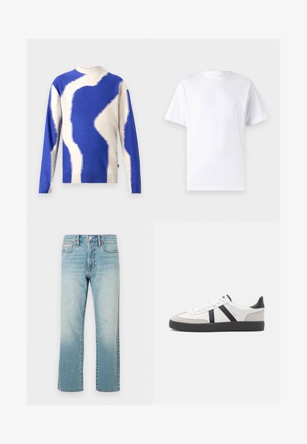 Pull en tricot présentant un motif en zigzag bleu et crème, col et ourlet côtelés, textures contrastées et détails de couture apparente.; T-shirt blanc à manches courtes en coton avec un col rond, présentant une texture lisse et un design simple, sans motifs ni accents.; Jean droit en denim bleu clair avec un effet délavé et une petite zone usée. Comprend un design traditionnel à cinq poches et une taille mi-haute.; Baskets blanches avec des accents noirs et gris, présentant un embout texturé gris, une semelle en caoutchouc noir et des lacets plats blancs. Design épuré, style minimaliste.