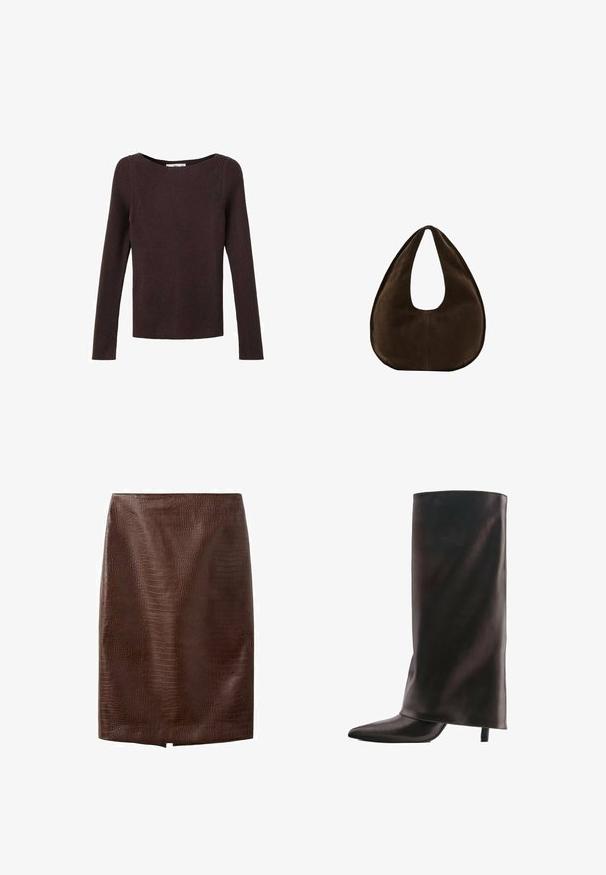 Pull en tricot côtelé marron foncé à manches longues avec un col rond, une coupe ajustée et un motif tricoté lisse et texturé.; Jupe crayon en cuir synthétique marron foncé façon crocodile avec une petite fente avant à l'ourlet, longueur genou, sans fermetures apparentes ni ornements.; Botte haute noire en cuir avec un bout pointu et un talon fin de hauteur moyenne sur fond blanc.; Sac à main en daim marron foncé en forme de croissant avec une seule sangle large et une texture lisse sur fond blanc.