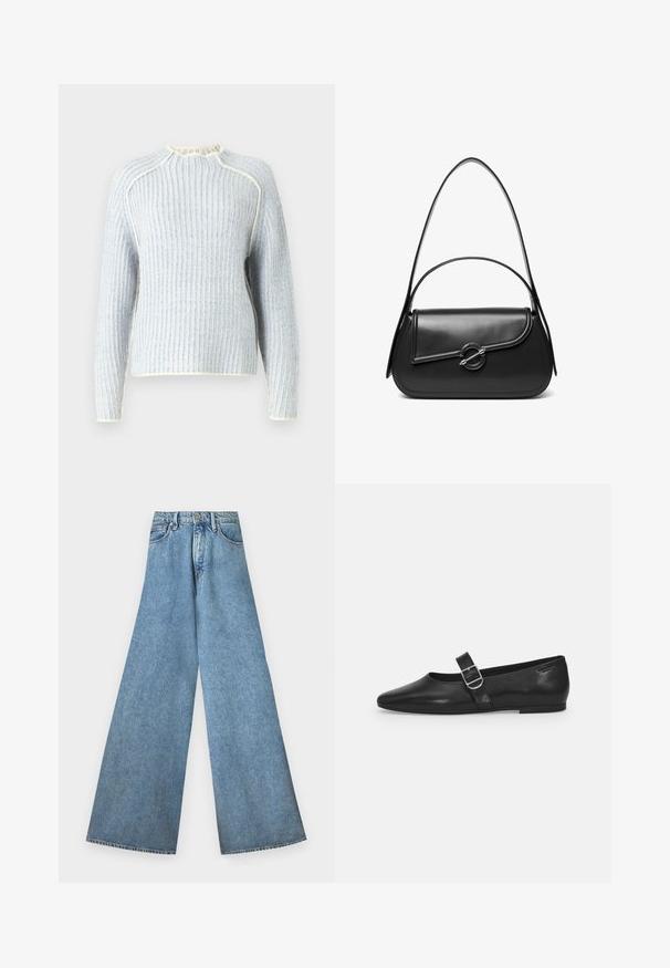 JJXX JXMAGHNA - Džemper - skyway; Good American PANELED WIDE LEG - Wide leg - indigo; Must värvi nahast tasased kingad ümarate varvastega, ühe reguleeritava paelaga ja siledat, läikivat pinda. Minimalistlik disain madala kontsaga.; Must nahast õlakott kõverda kaanega, mida hoiab kinni ümmargune metallist klamber ja millel on õhuke, reguleeritav rihm.
