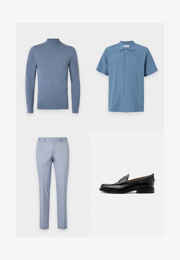 Lichtblauwe coltrui van gebreide stof, met lange mouwen, geribde kraag en zoom. Eenvoudig ontwerp zonder zichtbare patronen.; Kortekleding met knopen in lichtblauw, textuurstof, voorzien van een rasterpatroon en een klassieke kraag. Zes knoopsluitingen aan de voorkant.; Lichtblauwe op maat gemaakte broek met een gladde stofstructuur, voorzien van een rechte voorkant, twee zijzakken en een slim fit ontwerp.; Zwarte leren herensloffen met moc toe stiksel, pennyriem, gestructureerde kraag en lage gestapelde hak op witte achtergrond.