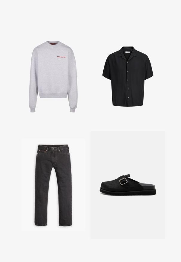 Grijze sweatshirt met lange mouwen, ronde hals, ribgebreide manchetten en zoom. Voorzien van het woord "PROHIBITED" in het rood op de borst. Zachte textuur.; Zwart overhemd met korte mouwen, knoopsluiting en een campkraag met zichtbare witte knopen, getoond tegen een witte achtergrond.; Zwarte denim jeans met rechte pijpen, vijf zakken, knoopsluiting en koperen klinknagels, plat gelegd op een witte achtergrond.; Zwarte slip-on klomp met gestructureerde bovenkant, zilverkleurige gesp en dikke geribbelde zool, zijaanzicht op witte achtergrond.