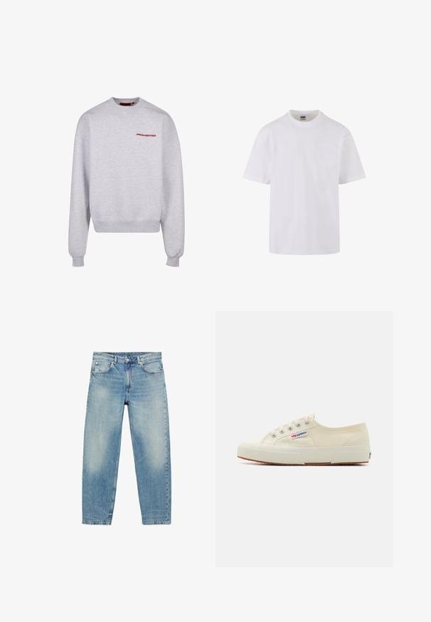 Grijze sweatshirt met lange mouwen, ronde hals, ribgebreide manchetten en zoom. Voorzien van het woord "PROHIBITED" in het rood op de borst. Zachte textuur.; Witte korte mouwen T-shirt van katoen, met een ronde halslijn en een enkele zak aan de linkerkant van de borst.; Jeans met rechte pijpen van blauwe denim, met voorzakken en riemlussen, met lichte vervaagde details op dijen en knieën.; Beige canvas sneaker met een laag profiel, metalen oogjes en rubberen zool. Beschikt over een textuurpatroon en logodetail aan de zijkant.