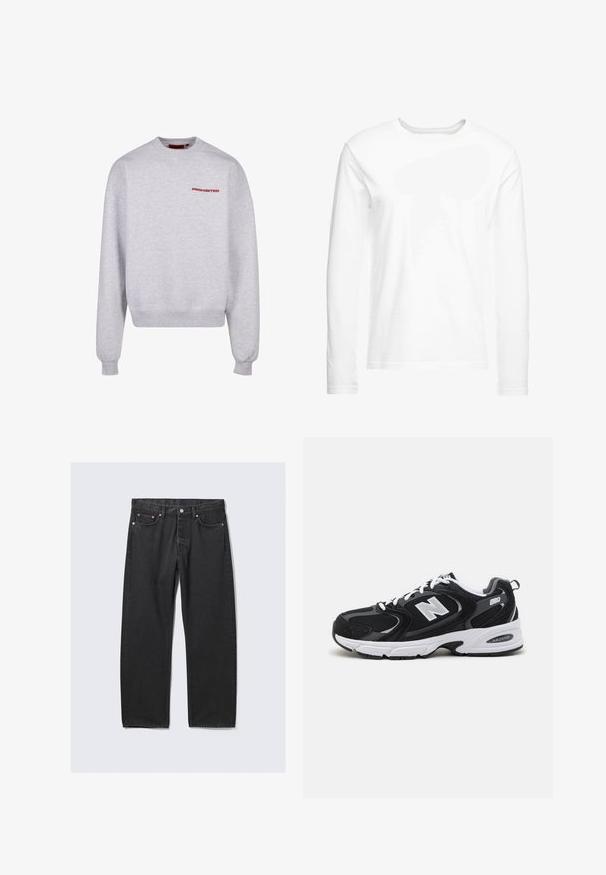 Sudadera gris de manga larga, cuello redondo, con puños y dobladillo acanalados. Presenta la palabra "PROHIBIDO" en rojo en el pecho. Textura suave.; Camiseta blanca de manga larga hecha de algodón suave. Cuello redondo con dobladillos rectos y sin patrones ni gráficos visibles.; Vaqueros negros de pierna recta con estilo de cinco bolsillos y cierre de botón en la cintura, colocados planos sobre un fondo claro.; Zapatillas deportivas en negro y gris con parte superior de malla y ante, que cuentan con una entresuela blanca, cordones y un llamativo logo "N" en el lateral.