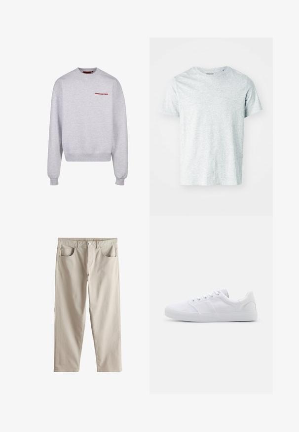 Sudadera gris de manga larga, cuello redondo, con puños y dobladillo acanalados. Presenta la palabra "PROHIBIDO" en rojo en el pecho. Textura suave.; Camiseta de manga corta gris claro, confeccionada en una tela suave, con cuello redondo y un corte ligeramente relajado. Sin patrones ni gráficos visibles.; Pantalones de color beige claro con ajuste relajado, cierre de botón, trabillas para cinturón y bolsillos delanteros, mostrados sobre un fondo blanco liso.; Zapatillas de lona blancas con suela de goma, que cuentan con seis ojales, una puntera texturizada y un diseño minimalista.