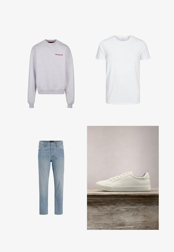 Grauer Sweatshirt mit langen Ärmeln, Rundhalsausschnitt, gerippten Bündchen und Saum. Enthält das Wort "VERBOTEN" in Rot auf der Brust. Weiche Textur.; Rundhals-T-Shirt mit kurzen Ärmeln in reinem Weiß, aus weicher Baumwolle, mit einem schlichten Design ohne sichtbare Muster oder Akzente.; Hellblaue Denim-Jeans mit geradem Schnitt, fünf Taschen, Knopfverschluss und einem leicht ausgewaschenen Finish.; Weiße Schnürsneaker, die über einer Holzbank mit grünem Laub im Hintergrund schweben und das Schuhdesign sowie die Textur zeigen.