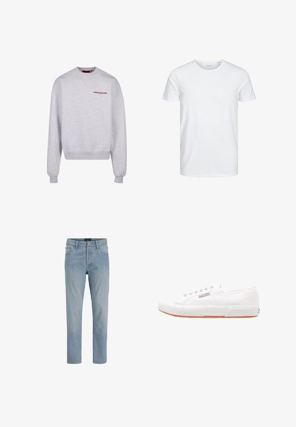 Grå sweatshirt med lange ærmer, rund halsudskæring, ribkantede manchetter og nederkant. Har ordet "FORBUDT" i rødt på brystet. Blødt materiale.; Rundhals kortærmet t-shirt i ensfarvet hvid, lavet af blød bomuld, har et simpelt design uden synlige mønstre eller detaljer.; Lysblå denim jeans med lige snit, fem-lommers design, knaplukning og en let slidt finish.; Hvide kanvas sneakers med gummisål, snørebåndsdesign og et lille logo mærke på siden. Tekstureret hvid overdel og brun ydersål.