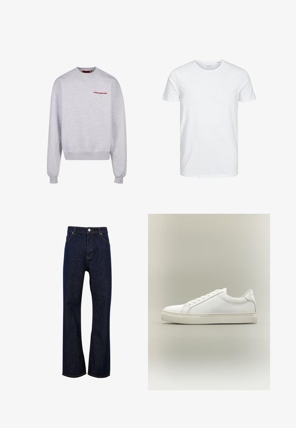 Sudadera gris de manga larga, cuello redondo, con puños y dobladillo acanalados. Presenta la palabra "PROHIBIDO" en rojo en el pecho. Textura suave.; Camiseta de manga corta y cuello redondo en blanco sólido, fabricada en algodón suave, presenta un diseño simple sin patrones ni acentos visibles.; Vaqueros azul oscuro de pierna recta con botón frontal, bragueta con cremallera, trabillas para cinturón y bolsillos delanteros.; Zapatilla blanca de perfil bajo con cordones en la parte delantera y suela gruesa, mostrada de lado sobre un fondo neutro.