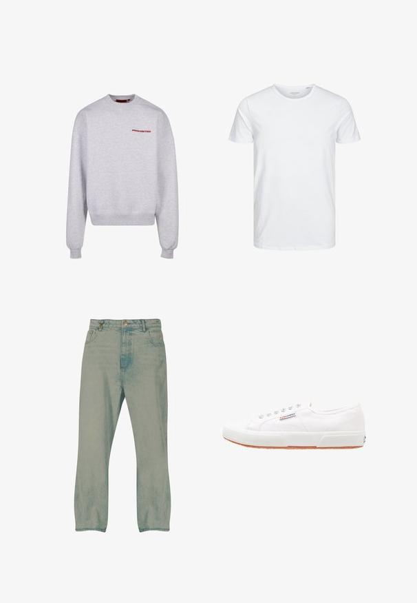 Sudadera gris de manga larga, cuello redondo, con puños y dobladillo acanalados. Presenta la palabra "PROHIBIDO" en rojo en el pecho. Textura suave.; Camiseta de manga corta y cuello redondo en blanco sólido, fabricada en algodón suave, presenta un diseño simple sin patrones ni acentos visibles.; Vaqueros de pierna recta en azul claro con botón delantero, trabillas para cinturón y bolsillos delanteros, mostrados sobre un fondo blanco.; Zapatillas de lona blancas con suela de goma, diseño de cordones y una pequeña etiqueta con el logo en el lateral. Parte superior texturizada blanca y suela marrón.