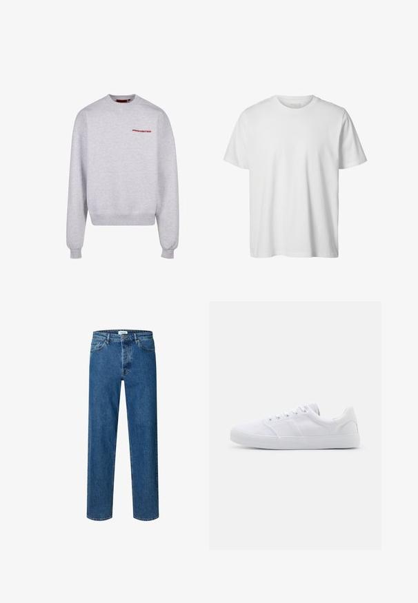 Grå sweatshirt med lange ærmer, rund halsudskæring, ribkantede manchetter og nederkant. Har ordet "FORBUDT" i rødt på brystet. Blødt materiale.; Enkelt hvid T-shirt med korte ærmer og rund hals, løs pasform og uden synlige logoer eller designs foran.; Blå straight-leg denim jeans med knap- og lynlåslukning, bæltestropper og fem-lomme-design.; Hvide lærreds sneakers med gummisål, der har seks snørehuller, en struktureret tåkap og et minimalistisk design.