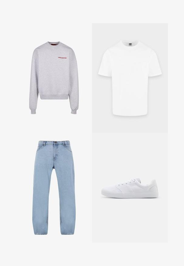 Sudadera gris de manga larga, cuello redondo, con puños y dobladillo acanalados. Presenta la palabra "PROHIBIDO" en rojo en el pecho. Textura suave.; Camiseta blanca lisa de algodón con cuello redondo y mangas cortas, mostrada sobre un fondo gris claro.; Jeans de mezclilla azul claro con un diseño de pierna recta, que presentan cuatro bolsillos, cierre con cremallera y detalles de costura en dorado.; Zapatillas de lona blancas con suela de goma, que cuentan con seis ojales, una puntera texturizada y un diseño minimalista.