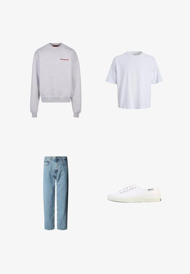Sudadera gris de manga larga, cuello redondo, con puños y dobladillo acanalados. Presenta la palabra "PROHIBIDO" en rojo en el pecho. Textura suave.; Camiseta de algodón blanca con cuello redondo, mangas cortas y un corte relajado. Textura suave y diseño minimalista sin patrones ni acentos visibles.; Vaqueros de mezclilla azul claro con un corte relajado, que presentan una cintura alta, costuras de contraste y un ligero desgaste en la parte frontal.; Zapatilla blanca de lona de corte bajo con cordones blancos, suela de goma y pequeño logo negro "Superga" cerca del talón sobre un fondo blanco.
