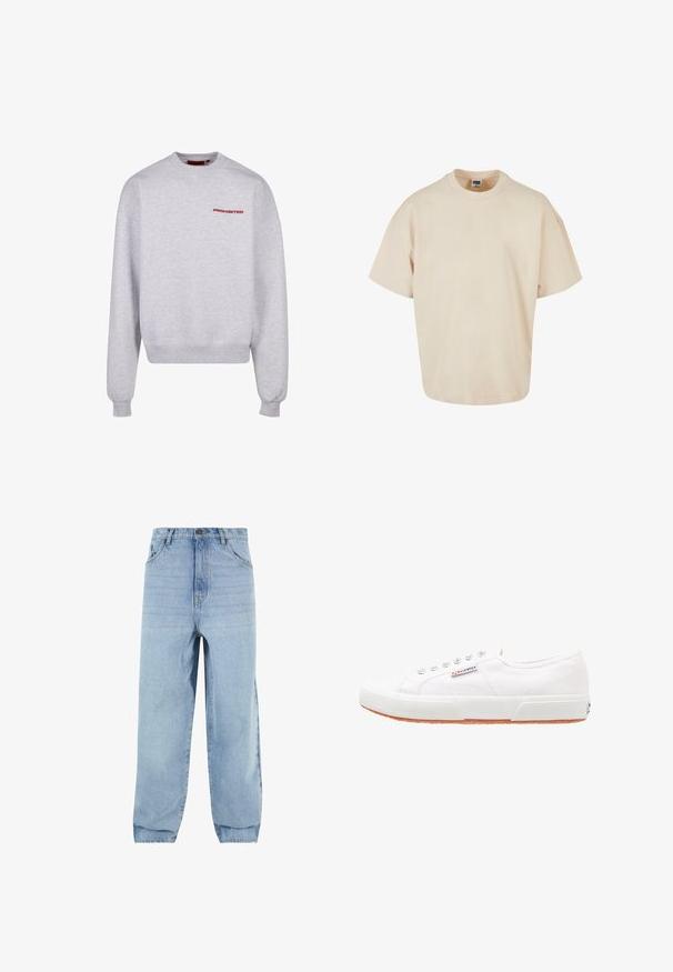 Grijze sweatshirt met lange mouwen, ronde hals, ribgebreide manchetten en zoom. Voorzien van het woord "PROHIBITED" in het rood op de borst. Zachte textuur.; Beige oversized T-shirt, gemaakt van zachte katoen stof, met een ronde hals en korte mouwen met een rechte zoom. Eenvoudig en minimalistisch ontwerp.; Lichtblauwe denim jeans met een losse pasvorm, hoge taille en vijf zakken. Voorzien van riemlussen en een knoopsluiting. Glad textuur.; Witte canvas sneakers met een rubberen zool, vetersluiting en een klein logolabel aan de zijkant. Gewreven wit bovenwerk en een bruine zool.