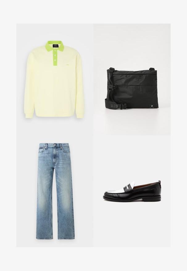 Lichtgele lange mouwen polo met een groene kraag en knoopsluiting. Bevat een subtiele 'MN' logo op de borst. Gemaakt van zacht katoen.; Lichtblauwe denim jeans met rechte pijpen, een hoge taille, vijf zakken, knoopsluiting en subtiele vervaging op de dijen en knieën.; Zwart-witte leren loafer met gestikte details, lage hak en slip-on ontwerp, zijaanzicht op een egale achtergrond.; Zwarte nylon boodschappentas met verstelbare riem, plat ontwerp en een zijlabel met een logo. Soepele textuur en minimalistische stijl.