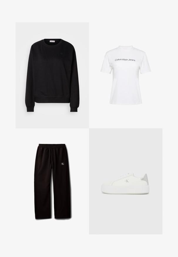 Sort sweatshirt lavet af blødt materiale, med rund hals, ribbede manchetter og et lille CK-logo på brystet. Simpelt, minimalistisk design.; Hvid bomulds-T-shirt med rund hals og korte ærmer, med teksten "Calvin Klein Jeans" i sort tryk på tværs af brystet.; Sorte vidde bukser med elastisk taljebånd og sidelommer, med en lille Calvin Klein-logo patch på højre lår.; Hvide lærredssneakers med en tyk hvid sål, prydet med en metallic sølvaccent på hælen og en diskret logo-detalje på siden.