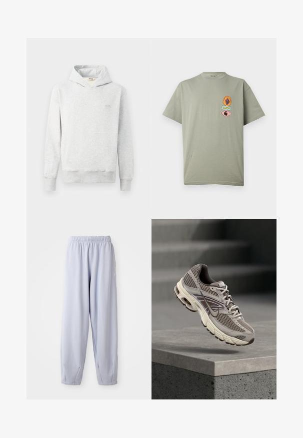 Hellgrauer Hoodie aus weichem Stoff, mit klassischem Design, vorderer Kängurutasche und gerippten Bündchen. Kleines Logo auf der Brust.; Hellgraues T-Shirt mit kurzen Ärmeln und drei kleinen bunten Grafik-Patches auf der linken Brust, darunter Weintrauben und Carhartt-Logos.; Helle Lavendel-Jogginghose aus weichem Stoff mit elastischem Bund und gerafften Knöcheln. Verfügt über dezente Markenkennzeichnung an der Seite.; Grau-beiger Nike-Laufschuh, der in der Luft über einer Betonbrüstung schwebt, mit verschwommenen Treppen im Hintergrund.