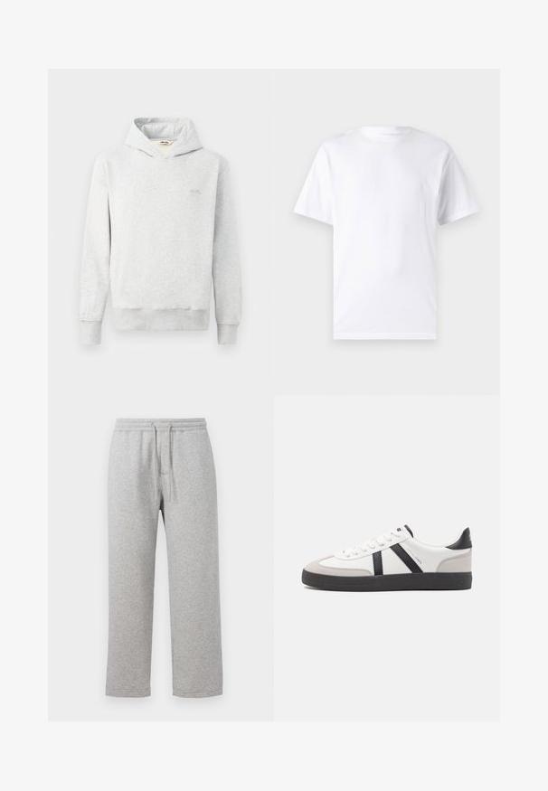 Sudadera gris claro hecha de tela suave, con un diseño clásico, bolsillo frontal tipo canguro y puños acanalados. Pequeño logo en el pecho.; Camiseta blanca de manga corta hecha de algodón con cuello redondo, que presenta una textura suave y un diseño simple sin patrones ni acentos.; Pantalones de chándal de algodón gris con cintura elástica y cordón. Diseño de pierna recta con dobladillos cosidos y sin bolsillos.; Zapatilla blanca con acentos en negro y gris, que presenta una puntera texturizada en gris, suela de goma negra y cordones planos blancos. Diseño limpio, estilo minimalista.