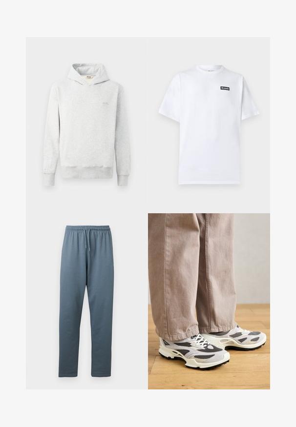 Lys grå hættetrøje lavet af blødt stof, med et klassisk design, forlommes lomme og ribbede manchetter. Lille logo på brystet.; Hvid kortærmet bomulds-T-shirt med et lille sort-hvidt Columbia Sportswear-logo på venstre bryst.; Blågrå sweatpants med elastisk talje, justerbar snor og lige ben, vist mod en hvid baggrund.; En person iført beige bredbukser og grå-hvide sportsko står på et trægulv.