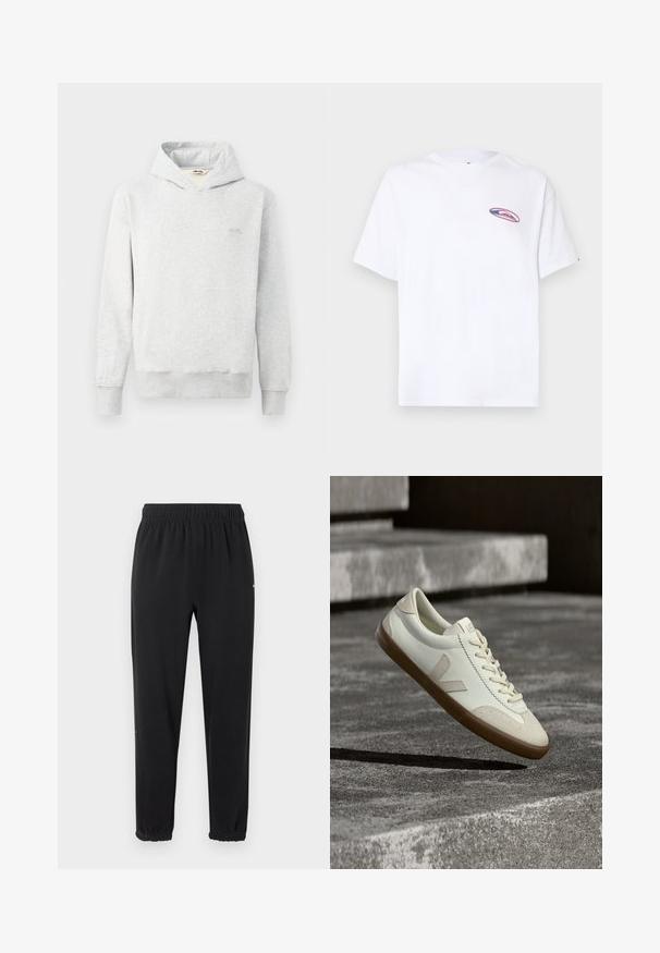 Sudadera gris claro hecha de tela suave, con un diseño clásico, bolsillo frontal tipo canguro y puños acanalados. Pequeño logo en el pecho.; Camiseta blanca de manga corta con un pequeño logo ovalado en rosa y azul en el lado izquierdo del pecho, sobre un fondo claro y uniforme.; Pantalones jogger con cintura elástica negra y puños elásticos, corte recto y sin adornos visibles, mostrados sobre un fondo claro.; Zapatillas blancas de cuero con suela de goma color beige, cordones planos y un acento en forma de V en el costado. Presentan una superficie lisa y detalles mínimos de costura.