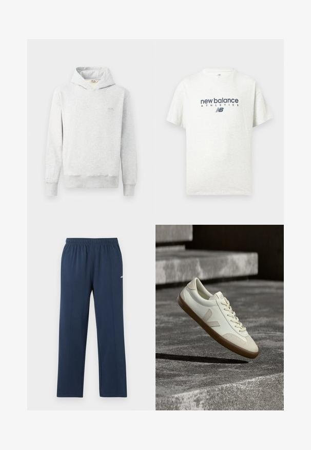 Lys grå hættetrøje lavet af blødt stof, med et klassisk design, forlommes lomme og ribbede manchetter. Lille logo på brystet.; Hvid kortærmet T-shirt med rund hals og trykket "new balance ATHLETICS" samt "NB"-logo i mørkeblå på midten foran.; Marineblå sweatpants med lige ben, elastisk talje og diskrete vertikale sømme, lille hvidt logo på øverste lår.; Hvide læder sneakers med tanfarvet gummisål, flade snørebånd og V-formet detalje på siden. Har en glat overflade og minimale syninger.