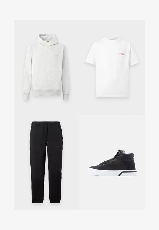 Hellgrauer Hoodie aus weichem Stoff, mit klassischem Design, vorderer Kängurutasche und gerippten Bündchen. Kleines Logo auf der Brust.; Weißes T-Shirt mit kurzen Ärmeln und Rundhalsausschnitt, mit kleinem rotem "at Replay" Schriftzug auf der oberen linken Brustseite.; Schwarze Jogginghose der Marke Columbia mit Tunnelzug am Bund, seitlichen Reißverschlusstaschen und Kniepaneel-Details, dargestellt vor einem weißen Hintergrund.; Schwarze High-Top-Sneaker mit Obermaterial aus strukturiertem Stoff, weißer Gummisohle und grauem Fleecefutter am Kragen. Sechs Ösen und schwarze Schnürsenkel.