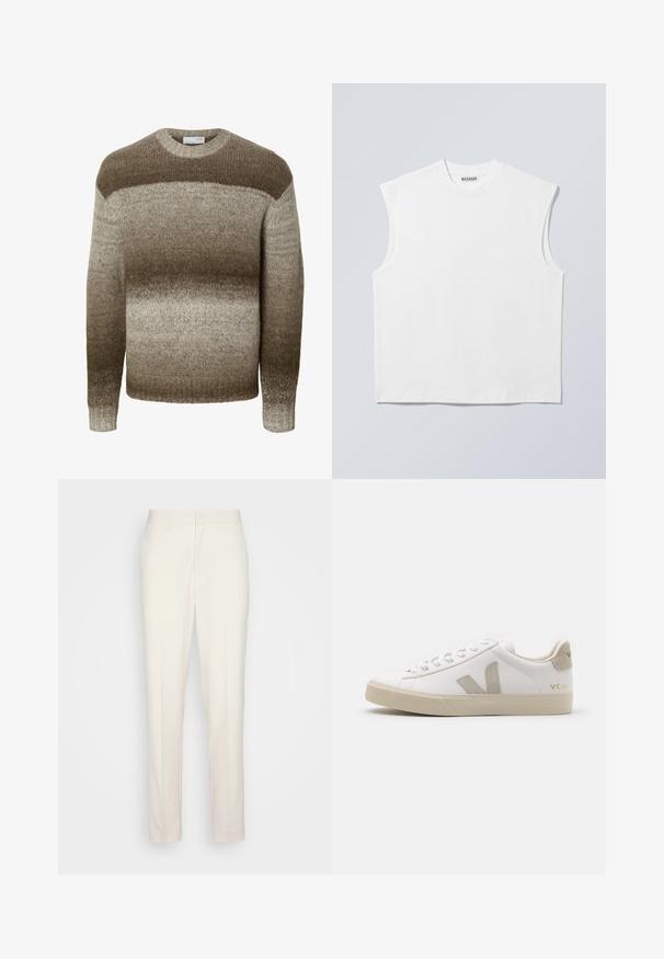 Pull en tricot à manches longues avec col rond présentant des rayures horizontales dégradées dans des tons bruns et beiges.; Haut blanc sans manches en coton à col rond avec épaules structurées, marqué "WEEKDAY" sur l'étiquette du col, présenté sur un fond gris clair.; Pantalons sur mesure de couleur crème avec une coupe droite, fabriqués en tissu texturé. Dotés de passants de ceinture et d'une fermeture à glissière à l'avant.; Baskets en cuir blanc avec des accents beiges, semelle plate en caoutchouc, bout rond et logo contrastant sur le côté et à l'arrière. Design à lacets.