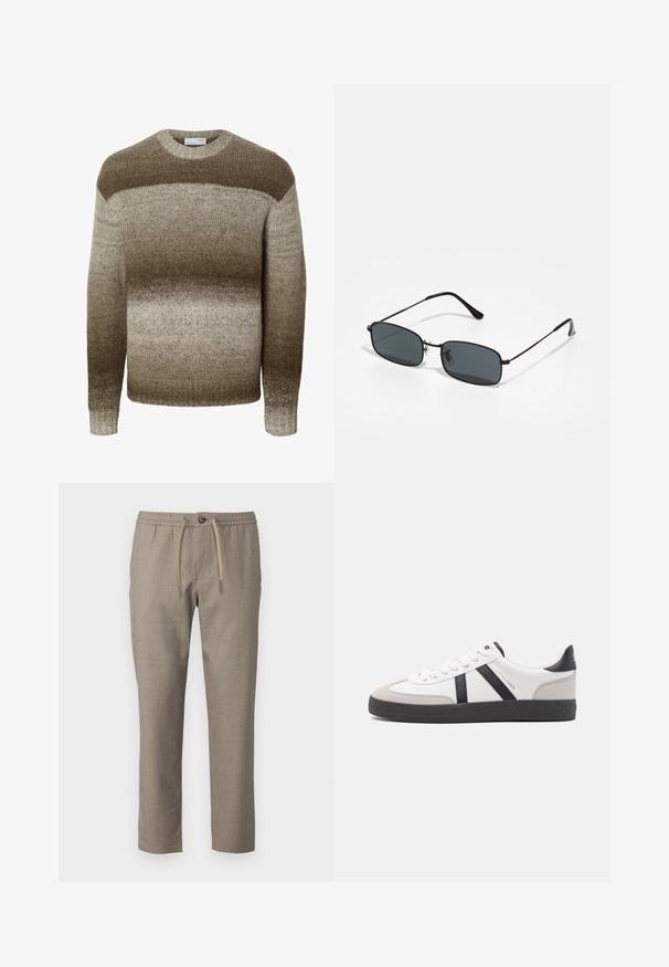 Jersey de punto de manga larga con cuello redondo que presenta rayas horizontales en degradado en tonos marrones y beige.; Pantalones beige con una cinturilla elástica, cierre de cordón y corte recto. El material tiene una textura sutil.; Zapatilla blanca con acentos en negro y gris, que presenta una puntera texturizada en gris, suela de goma negra y cordones planos blancos. Diseño limpio, estilo minimalista.; Gafas de sol rectangulares negras con marco delgado de metal y lentes oscuros apoyadas sobre una superficie blanca.