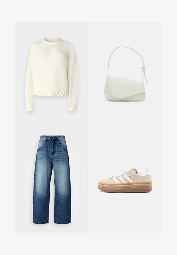 Pull léger en tricot crème, avec des manches longues, un col rond et un ourlet côtelé. Tissu texturé avec une coupe ample et décontractée.; Jeans en denim bleu à jambe large avec un dégradé allant du clair au foncé. Comprend des poches avant et une fermeture à bouton classique. Texture lisse, coupe décontractée.; Baskets en daim beige avec accents en cuir blanc, présentant trois rayures blanches, un logo doré et une semelle en caoutchouc épaisse et translucide.; Sac à main en cuir synthétique blanc avec une forme triangulaire structurée, une bandoulière unique réglable et un rabat à courbes accentuées.