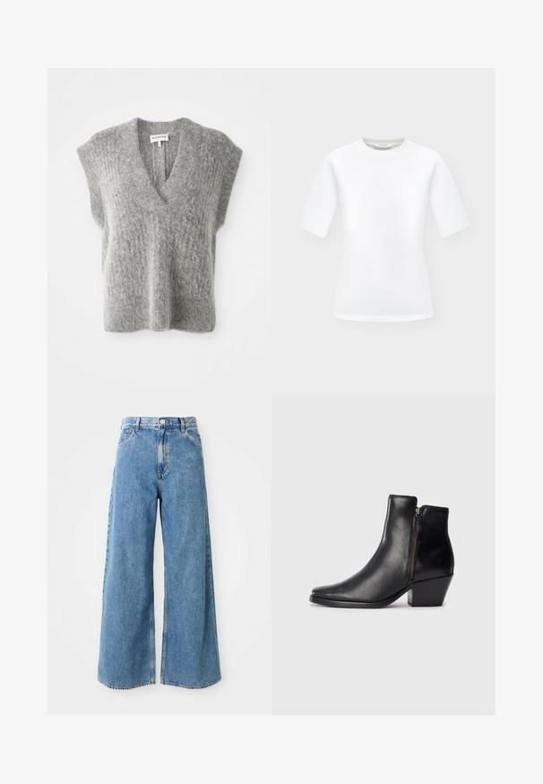 Gilet sans manches en maille grise douce et duveteuse avec un col en V profond et des épaules larges, posé à plat sur un fond blanc.; T-shirt blanc uni à manches courtes avec col rond et ourlet droit, présenté sur un fond gris clair neutre.; Jean en denim léger bleu clair à taille haute, avec fermeture à boutons et à glissière à l'avant, et poches avant sur fond blanc.; Bottines en cuir noir avec un bout pointu, une fermeture éclair sur le côté et un talon épais. Texture lisse et design minimaliste.