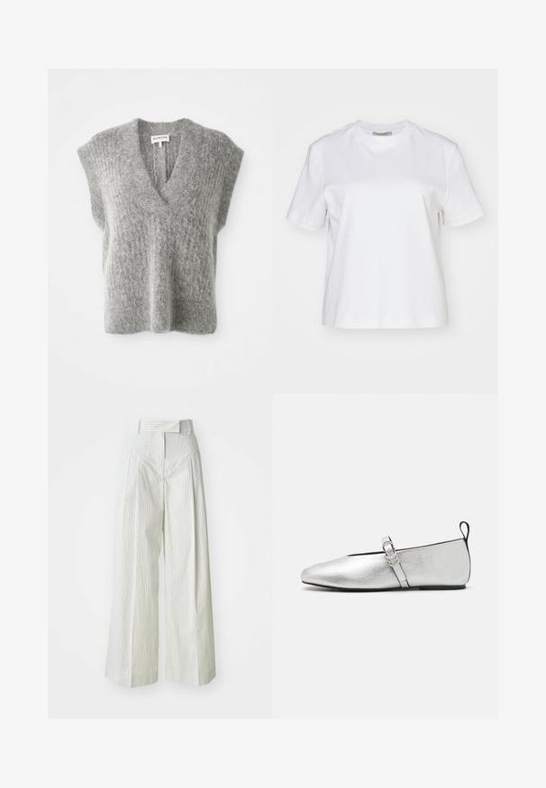 Zachte grijze fuzzy gebreide mouwloze trui zonder mouwen met diepe V-hals en brede schouders, plat liggend op een witte achtergrond.; AllSaints LISA TEE - T-shirt basic - white; Lange broek in lichtgroen met verticale witte strepen. Heeft een hoge taille, ceintuurlussen en een gladde katoenen textuur.; rag & bone SPIRE MARY JANE - Ballerina's met enkelbandjes - silver