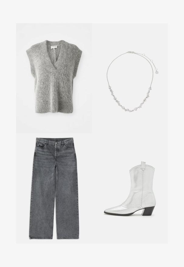 Gilet sans manches en maille grise douce et duveteuse avec un col en V profond et des épaules larges, posé à plat sur un fond blanc.; Jeans large en denim gris foncé. Comprend une taille haute, un design à cinq poches et une fermeture à bouton à l'avant. Texture lisse avec un léger dégradé.; Castañer DIMBA - Bottines de cowboy / motard - plata; Collier en argent avec des motifs floraux, orné de pierres précieuses transparentes, avec des détails complexes et un fermoir ajustable.