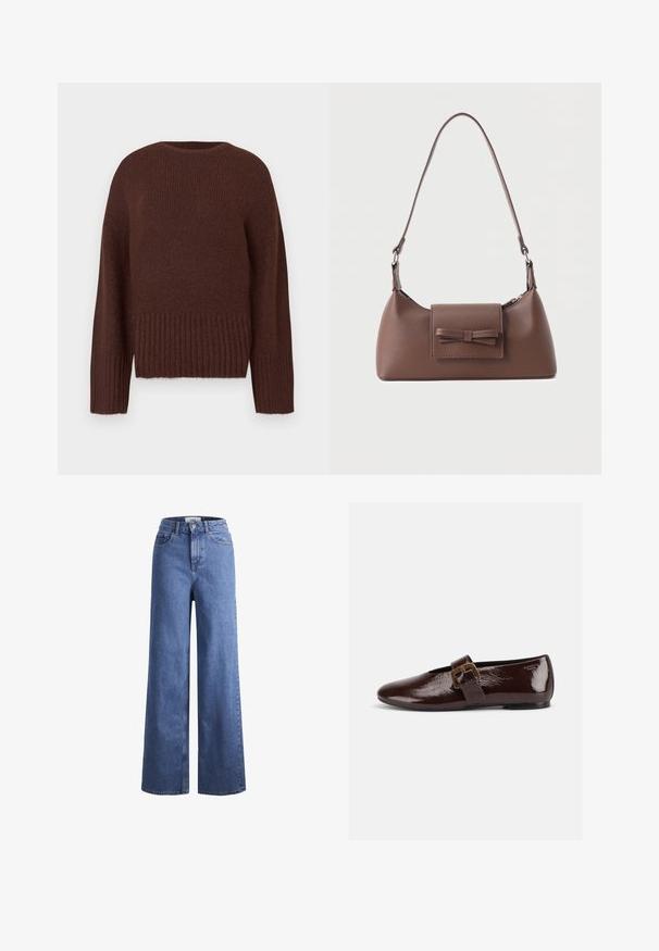 Pull en maille marron avec un ourlet et des manches côtelés. Il possède un col rond et une finition texturée. Design à coupe régulière.; Jean large en denim bleu clair avec taille haute, deux poches avant et coutures visibles. Fermeture à bouton et à zip.; Chaussure plate en cuir verni marron foncé avec une large bride à boucle dorée et un bout arrondi, présentée de profil sur fond blanc.; Sac à bandoulière en cuir marron avec une poche à rabat avant ornée d'un détail en forme de nœud cousu et une sangle réglable.