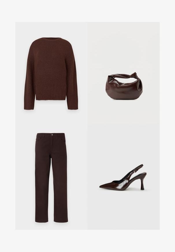 Pull en maille marron avec un ourlet et des manches côtelés. Il possède un col rond et une finition texturée. Design à coupe régulière.; Pantalons en coton marron avec une coupe droite, deux poches avant et une fermeture à bouton à la taille. Texture lisse sans motifs visibles.; Talons slingback en cuir verni brun avec un bout pointu, un talon fin, et une sangle réglable avec une petite boucle.; Sac bandoulière en cuir marron foncé avec une forme souple et décontractée et une anse nouée torsadée sur un fond blanc uni.