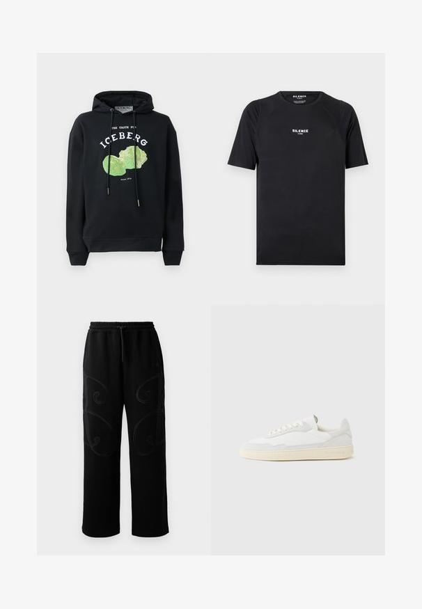 Zwart hoodie met trekkoord en voorop een grafisch ontwerp van een groene ijsbergsla. Bevat bedrukt tekst: "DE SMAAK VAN IJSSLA" en "Sinds 1974."; Zwarte t-shirt met korte mouwen van soepel materiaal, met een ronde hals en een wit "SILENCE" logo op de borst.; Zwarte sweatpants met een comfortabele pasvorm, voorzien van complexe draaiende stikpatronen langs de zijkanten en een elastische tailleband met trekkoord.; Witte sneaker met een bovenwerk van gestructureerd suède en leer. Voorzien van een afgeronde neus, vetersluiting en een contrasterende beige rubberen zool.