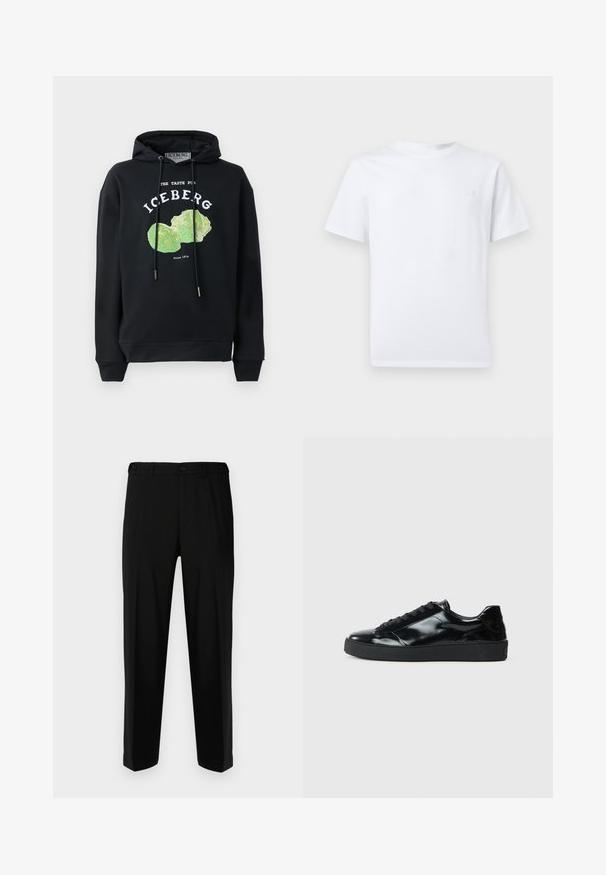 Sort hættebluse med snore og frontgrafik af et grønt salatdesign. Har trykte tekster: "SMAGEN FOR ISBERG" og "Siden 1974."; Hvid kortærmet t-shirt med rund hals og et lille syet logo på venstre bryst, vist på en neutral baggrund.; Sorte bukser lavet af glat stof, med lige snit, to forlommer og lynlås med knaplukning.; Sorte laklæder sneakers med rund tå, snørredesign, tekstureret gummisål og en glat overflade.