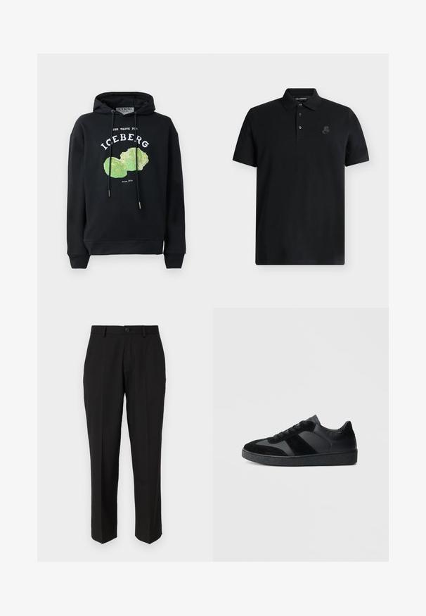 Zwart hoodie met trekkoord en voorop een grafisch ontwerp van een groene ijsbergsla. Bevat bedrukt tekst: "DE SMAAK VAN IJSSLA" en "Sinds 1974."; Zwart poloshirt met korte mouwen, drie knopen en een klein geborduurd logo op de linkerborst, getoond tegen een effen achtergrond.; Zwarte broeken van soepele stof, met een rechte pijpconstructie, vo pockets, een enkele knoopsluiting en geen zichtbare patronen.; Zwarte sneakers met een mix van glad leer en suède, een gestructureerde zwarte rubberen zool en subtiele streepdetails.