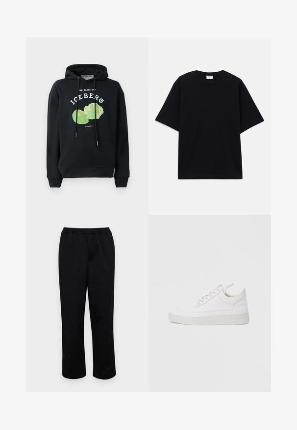 Zwart hoodie met trekkoord en voorop een grafisch ontwerp van een groene ijsbergsla. Bevat bedrukt tekst: "DE SMAAK VAN IJSSLA" en "Sinds 1974."; Zwarte oversized T-shirt met korte mouwen en ronde hals, met zichtbaar Filippa K merkelabel aan de binnenkant van de kraag.; Zwarte, halflange broeken met een elastische tailleband. Gemaakt van een soepel stof, met een ontspannen pasvorm en zonder zichtbare zakken of versieringen.; Witte leren sneaker met een afgeronde neus, platte zool en veters aan de voorkant. Voorzien van stikseldetails en een gevoerde kraag voor comfort.