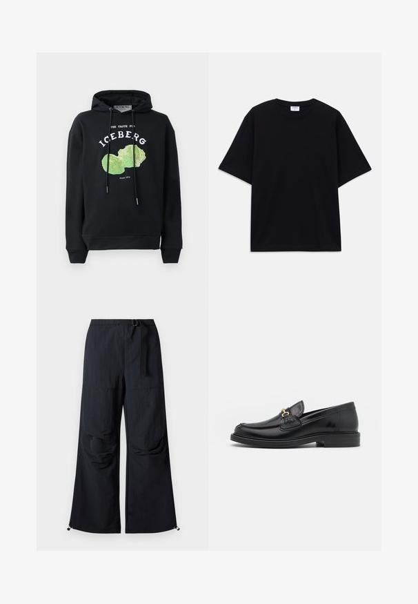 Sort hættebluse med snore og frontgrafik af et grønt salatdesign. Har trykte tekster: "SMAGEN FOR ISBERG" og "Siden 1974."; Sort oversized T-shirt med korte ærmer og rund halsudskæring, med synlig Filippa K mærke indeni kraven.; Sorte bukser med vide ben lavet af letvægtstof. Har bælte, to store sidelommer og justerbare kanter med snorlås.; Sorte læder loafers med en rund tå, der har guld hardware accent og syningsdetaljer, placeret på en lav, tekstureret gummisål.