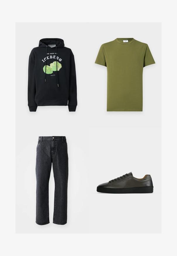 Sweat à capuche noir avec cordons et graphique frontal d'un design de laitue verte. Comprend du texte imprimé : "LE GOÛT DE L'ICEBERG" et "Depuis 1974."; T-shirt manches courtes de couleur vert olive, fabriqué en tissu doux et lisse. Col rond classique, lignes épurées, sans motifs ni accents visibles.; Jeans en denim noir à coupe droite, avec une fermeture à bouton, cinq poches et une texture subtile. Design classique sans motifs proéminents.; Basket basse en cuir gris foncé avec lacets et semelle noirs, design minimaliste, profil latéral sur un fond clair uni.
