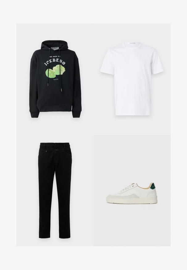 Sort hættebluse med snore og frontgrafik af et grønt salatdesign. Har trykte tekster: "SMAGEN FOR ISBERG" og "Siden 1974."; Hvid bomulds t-shirt med rund halsudskæring og korte ærmer. Glat tekstur, lige snit og minimalistisk design uden mønstre eller accenter.; Sorte denimbukser med straight-leg design, der har knaplukning, fem lommestyle og en glat tekstur.; Hvide sneakers med ruskindsdetaljer, rund tå, flade snørebånd og en cremet gummisål. Har grøn branding på hælen.