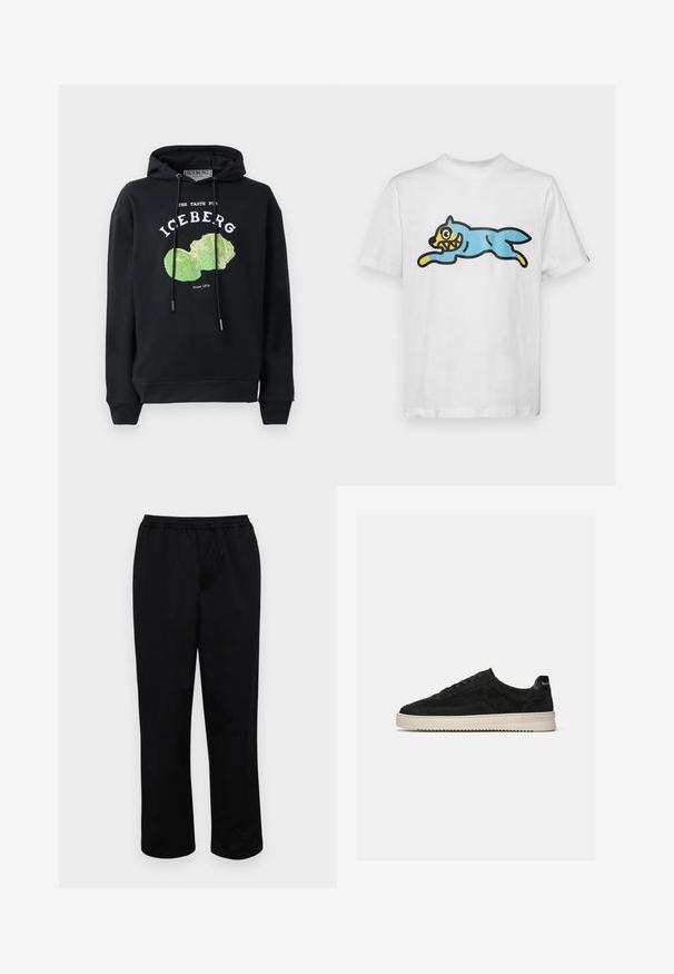 Sweat à capuche noir avec cordons et graphique frontal d'un design de laitue verte. Comprend du texte imprimé : "LE GOÛT DE L'ICEBERG" et "Depuis 1974."; T-shirt en coton blanc avec un chat de style cartoon bleu, ayant un visage jaune et des dents acérées, positionné en posture de saut.; Pantalons noirs mi-longs avec une taille élastique. Fabriqués en tissu lisse, présentant une coupe décontractée et sans poches ni embellissements visibles.; Baskets basses en daim noir avec lacets noirs et semelle blanche en caoutchouc, vue latérale sur fond gris clair uni.