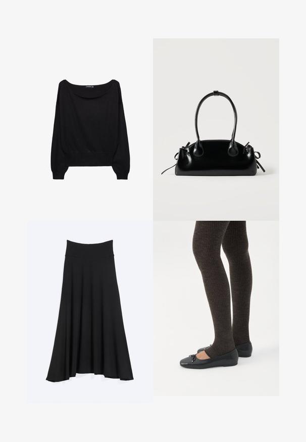 Sort strikket sweater med en bred bådudskæring, lange ærmer og en tætsiddende kant. Stoffet har en blød tekstur og en afslappet pasform.; Sort højtaljet A-formet nederdel med bred linning, udvidet kant og glat stofstruktur, vist på en ensartet lys baggrund.; Ben iført mørke ribbede leggings kombineret med sorte balletsko med små sløjfedetaljer på hvid baggrund.; Lille sort blank håndtaske med to lange håndtag og snøre-detaljer i siden på en ensfarvet lys baggrund.