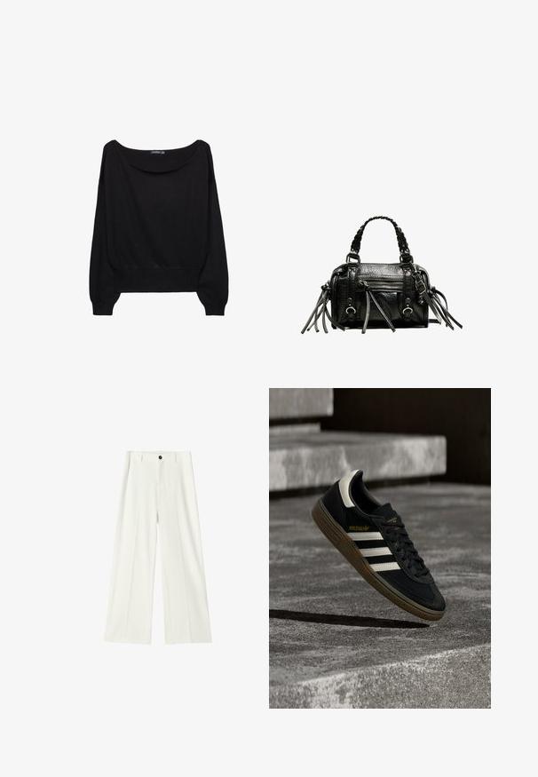 Pull en maille noir avec un large col bateau, des manches longues et un ourlet ajusté. Le tissu a une texture douce et une coupe décontractée.; Pantalon blanc taille haute à jambes larges, avec plis à l'avant, passants pour ceinture et fermeture par bouton noir à la taille.; Baskets Adidas noires avec des bandes blanches et une semelle en gomme flottant au-dessus d'escaliers en béton gris sous une lumière naturelle.; Sac à main en cuir noir avec poignées tressées, surface texturée, poche frontale zippée et accents de franges décoratives. Forme compacte et structurée.