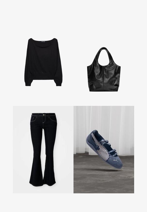 Pull en maille noir avec un large col bateau, des manches longues et un ourlet ajusté. Le tissu a une texture douce et une coupe décontractée.; Jeans évasés en denim foncé avec une taille haute, des poches avant et arrière, et des coutures contrastantes jaunes.; Chaussure plate Puma bleue et grise avec trois brides élastiques, panneau latéral texturé, et logo Puma blanc, en suspension au-dessus d'un sol en béton.; Sac fourre-tout en cuir noir avec une texture lisse, un haut arrondi doux et de larges poignées. Présente une couture minimale et une silhouette décontractée.
