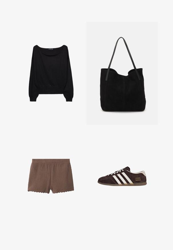 Sort strikket sweater med en bred bådudskæring, lange ærmer og en tætsiddende kant. Stoffet har en blød tekstur og en afslappet pasform.; Brune, teksturerede shorts med elastik i taljen og bølgekantdetaljer på benene, vist mod en hvid baggrund.; Brune ruskindssneakers med tre hvide striber, gummisål og tekstlabel med ordene "Gazelle" i guld. Snørebåndsdesign med grå snørebånd.; Sort ruskinds totemed med to lange, flade læderremme. Har en buet topkant og synlige stikninger langs forsiden. Ingen hardware-dekorationer.